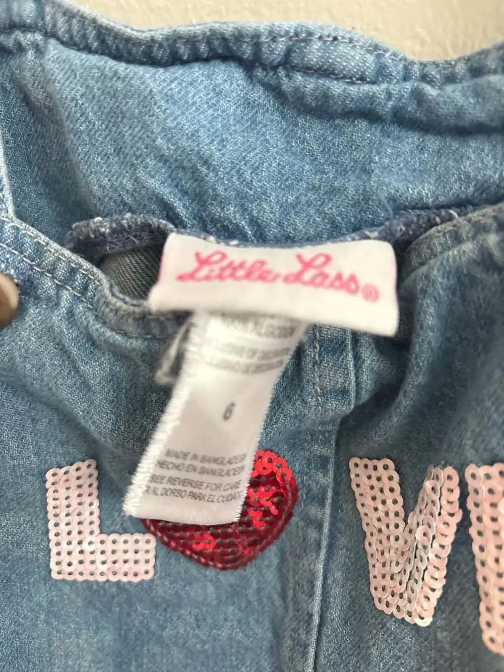 Little Lass Girls Denim Overall Dress Size 6 LOVE Sequin Heart